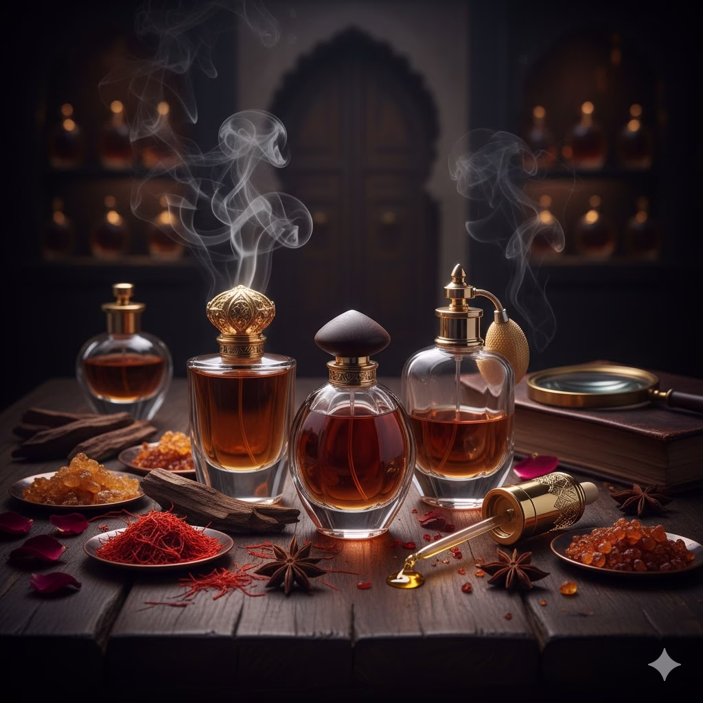 Elegant Unisex Arabian Perfumes bottle surrounded by luxury amber and dark rose petals